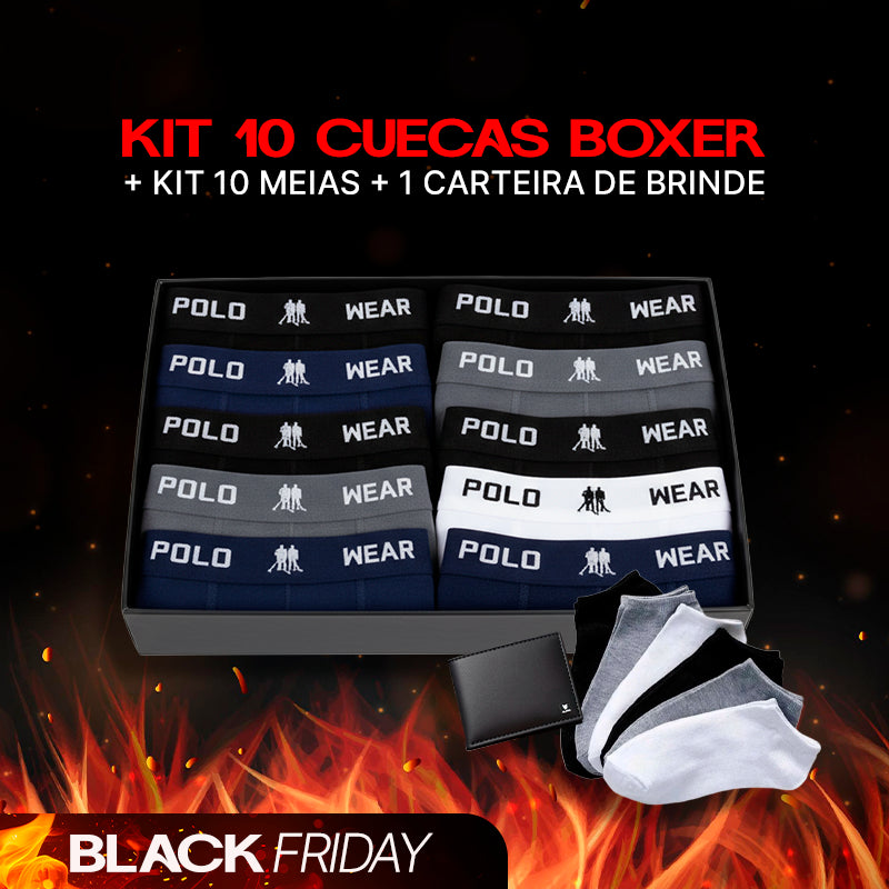 Kit 10 Cuecas Boxer Microfibra Confortável + Kit 10 Meias de Brinde + Carteira de Brinde | Compre 5 e Leve 10 | Oferta Exclusiva de Black Friday