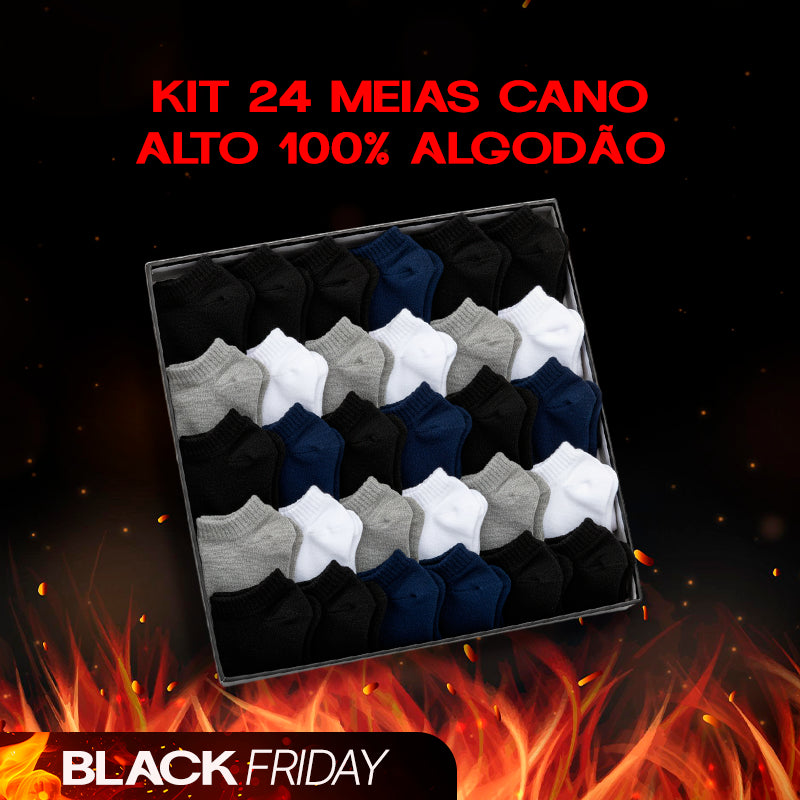 Kit 24 Meias Cano Alto 100% Algodão Masculina e Feminina | Oferta Especial de Black Friday