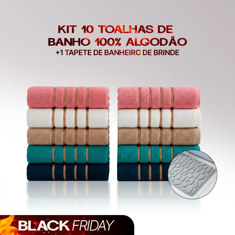 Kit 10 Toalhas De banho 100% Algodão Premium - Compre 5 leve 10 + Tapete de Banheiro Antiderrapante de Brinde | Oferta Especial de Black Friday