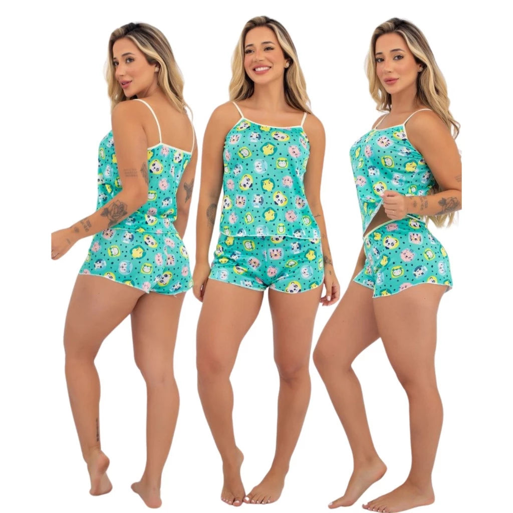 Kit 5 Peças Pijama Short Doll Micro Estampado + Body Splash + Perfume 100ml de Brinde - Oferta Especial de Black Friday